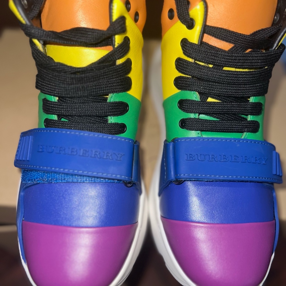 Women’s Rainbow Colored Burberry High Top Sneakers - Picture 2 of 3